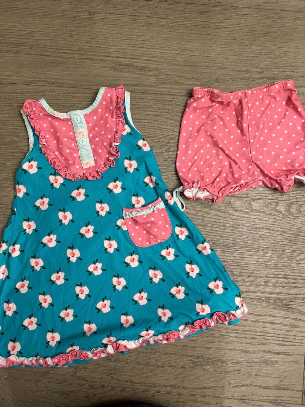 SweetHoney 4T Teal Floral Sleeveless Play Dress with Pink Polka Dot Shorts